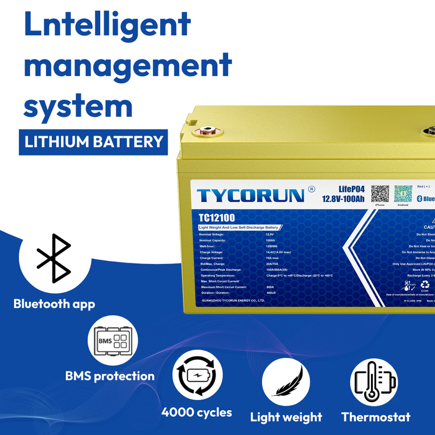 Smart Bluetooth 12V 100Ah Lithium Deep Cycle Battery-Tycorun Batteries