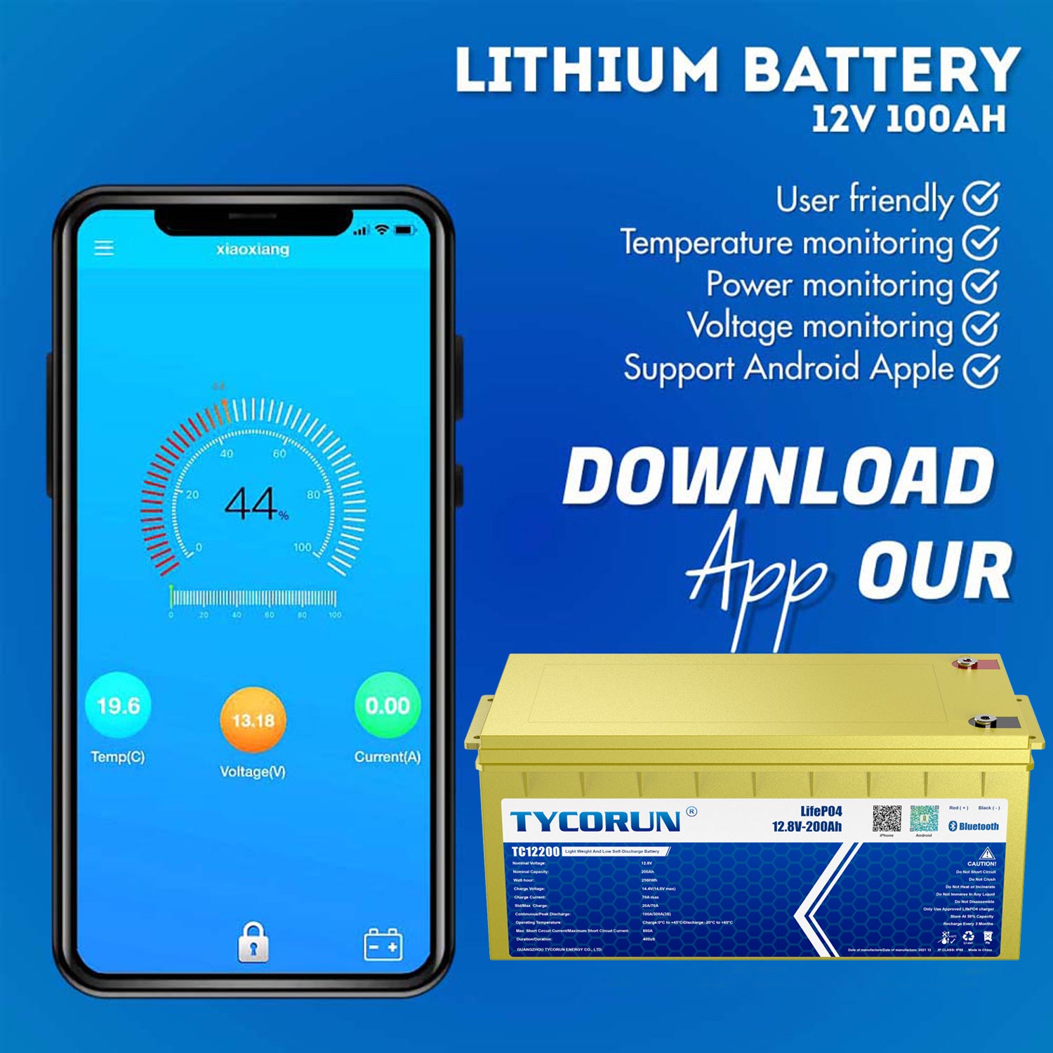 Smart Bluetooth 12V 200Ah Lithium Deep Cycle Battery-Tycorun Batteries